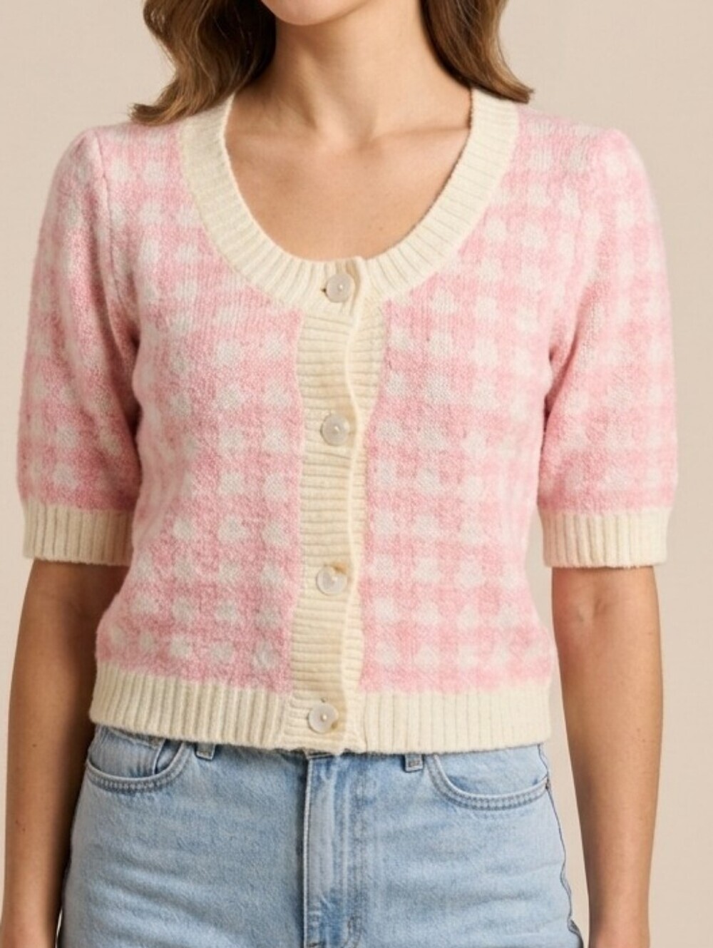 Pink & Cream Short-Sleeve Gingham Cardigan Sweater